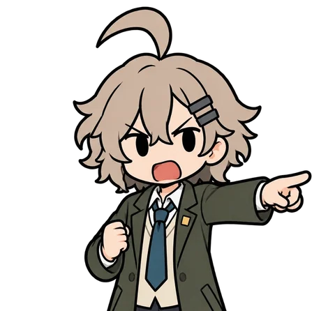 Ichi: light brown hair with a hairpin, green coat, pointing