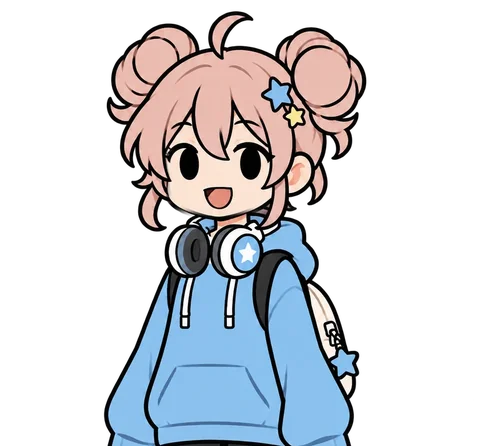 Miya: pink hair, light blue hoodie