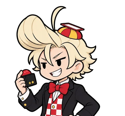 Oscar: platinum blond pompadour, a small cap, red-and-white checkered vest and red bow tie, grinning with a quiz buzzer in hand