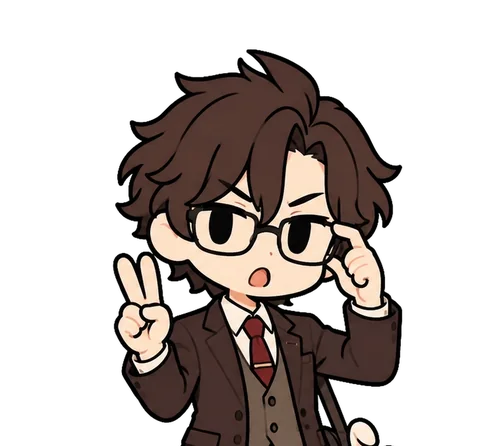 Usami: brown hair, glasses, brown suit, making a peace sign
