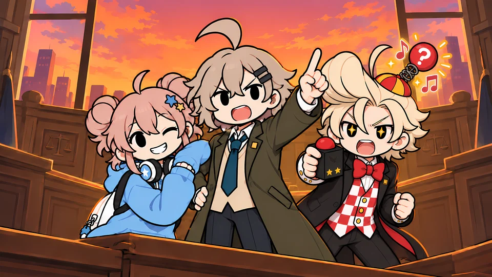 Key art: Ichi, Miya and Oscar in a courtroom at sunset