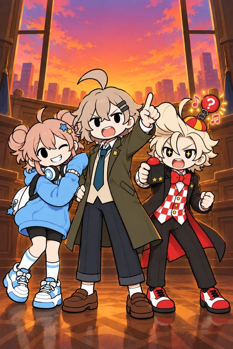 Portrait key art: three characters, full body